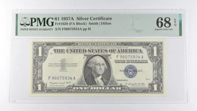 PMG 68 EPQ $1 1957-A U.S. Silver Certificate FR#1620 (FA Block) *7240