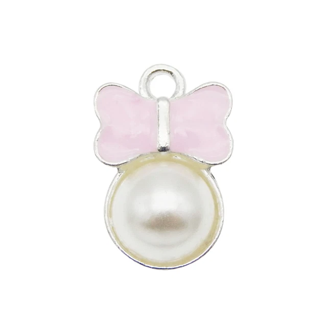 12 Stück Rosa Bogenknoten Emaille Charm mit Plastikperle Silber Anhänger 10x15mm 3
