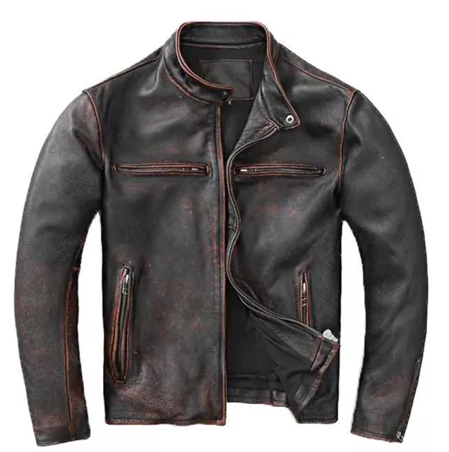 Giacca da uomo motociclista vintage Cafe Racer Distressed Black Real Leather