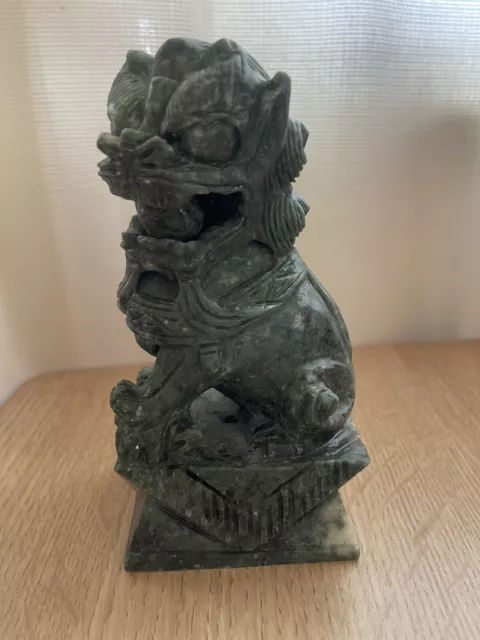 Chinese Hand Carved Natural Green Jade Foo Dog Lion Sculpture
