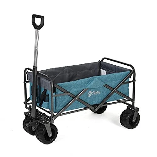 Folding Wagon Cart Collapsible Outdoor Utility Wagon with Brake Light Blue
