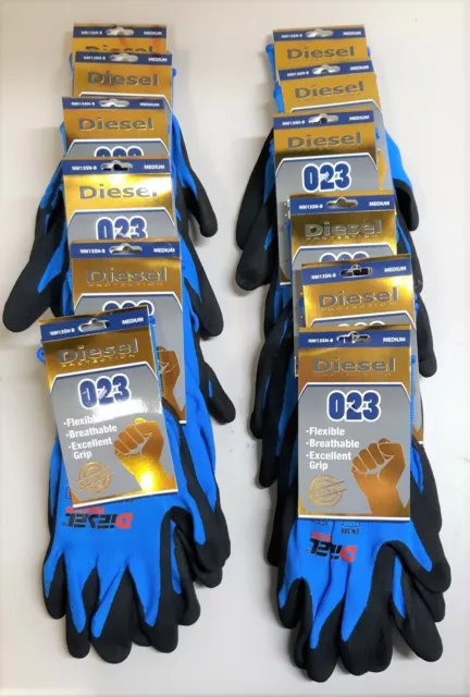 12 Pair Diesel BLUE Safety Gloves Latex Coated Grip