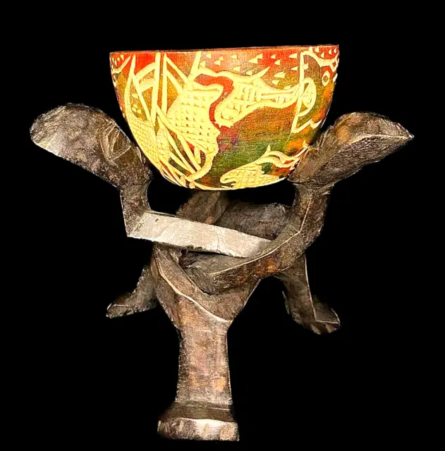 3-Head Famous Neem Wood Unity Figurine with Bowl Sculpture from Ghana-6626