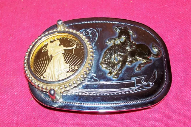 Mens Western Faux Gold Dollar Belt Buckle Coin Cowboy Bronco Bronc Riding Rodeo