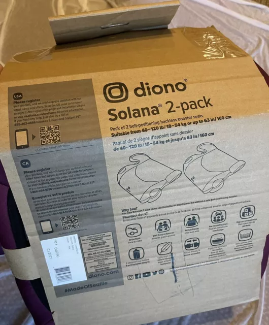 NEW DIONO SOLANA BACKLESS BOOSTER CAR SEAT 40-120LBS Purple CUP HOLDER 2 PACK