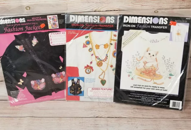 Dimensions Iron-On Transfers Fashion Art Lot of 3 Cat Jewelry Flowers New
