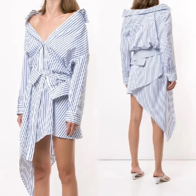 NWT Alexander Wang Asymmetric Deconstructed Shirt Mini Dress White Blue Stripe 0