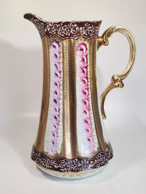 Nippon Moriage Hand Painted Tankard Pitcher Vertical Lush Roses Gilt Encrusted