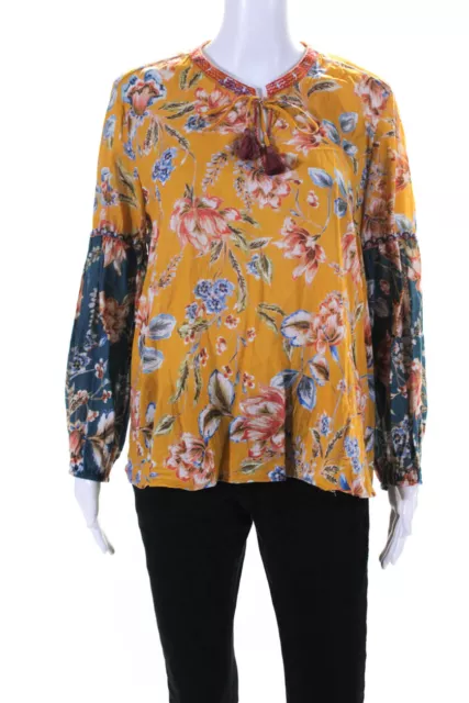 Johnny Was Womens Puff Sleeve Floral Tie Neck Top Blouse Blue Yellow Size Small