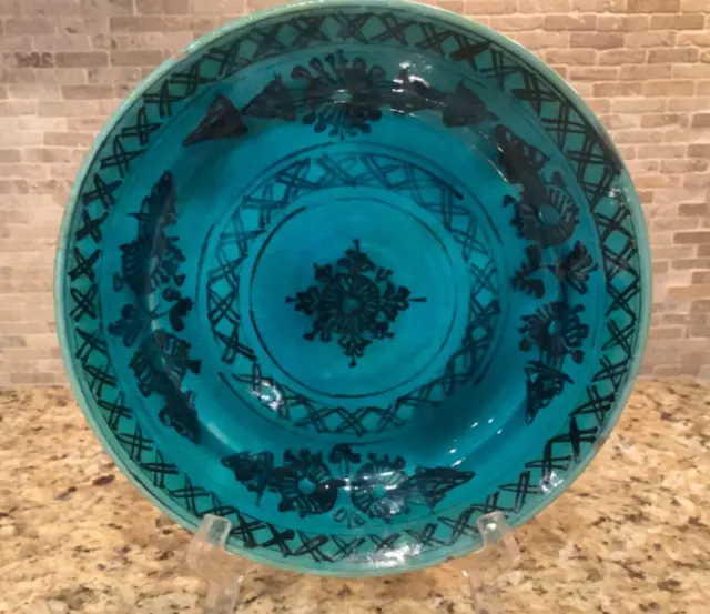 Antique Middle Eastern Persian Kashan Stonepaste Footed Plate Turquoise Blue