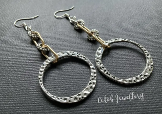 Hammered Silver And Gold BIG HOOP OVERSIZED Earrings Boho Gypsy Festival Dangle