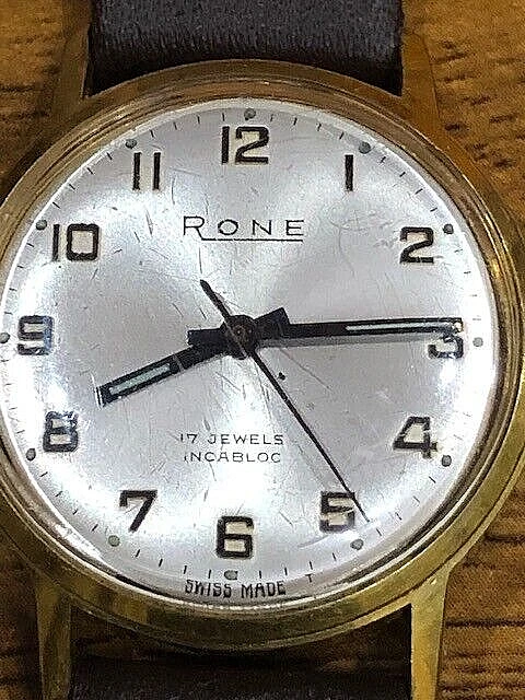 VINTAGE RARE SWISS Rone 17 Jewels Incabloc Mechanical Gents Leather ...