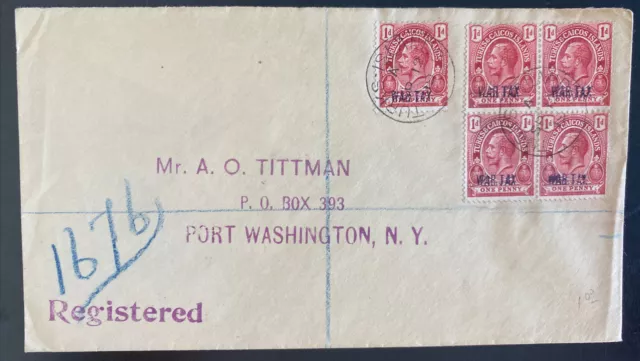 1919 Turks & Caicos Island Cover To Port Washington NY USA Tax War Stamp
