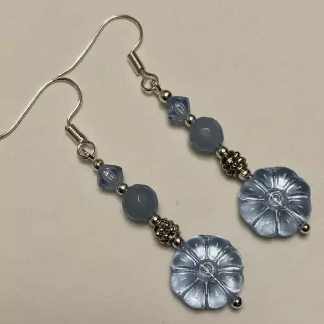 Vintage Art Deco Style Blue Glass Earrings In Silver Plate.Jewellery Gift