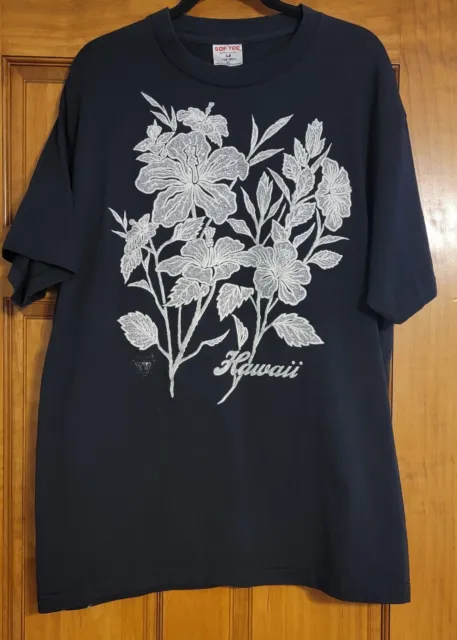 Vintage Single Stitch Womens T Shirt XL Hawaii Hawaiian Black Floral Made In USA