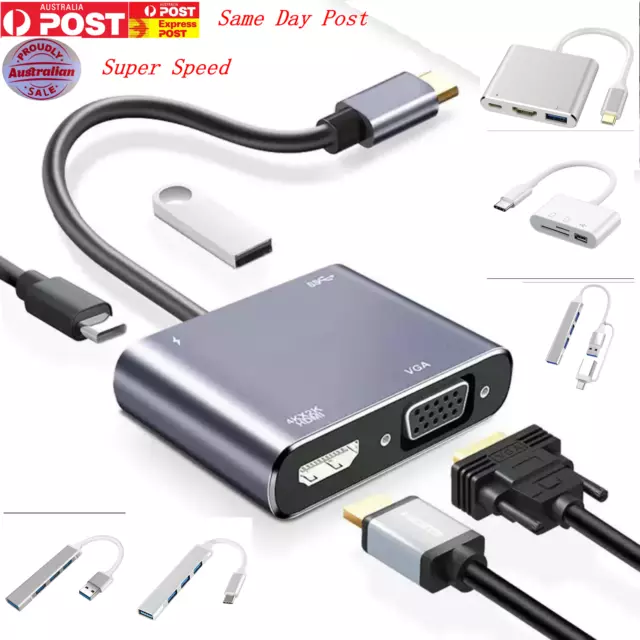 AU Multi USB 3.0 Type-C Hub TF SD HDMI VGA Adapter Expansion Splitter High Speed