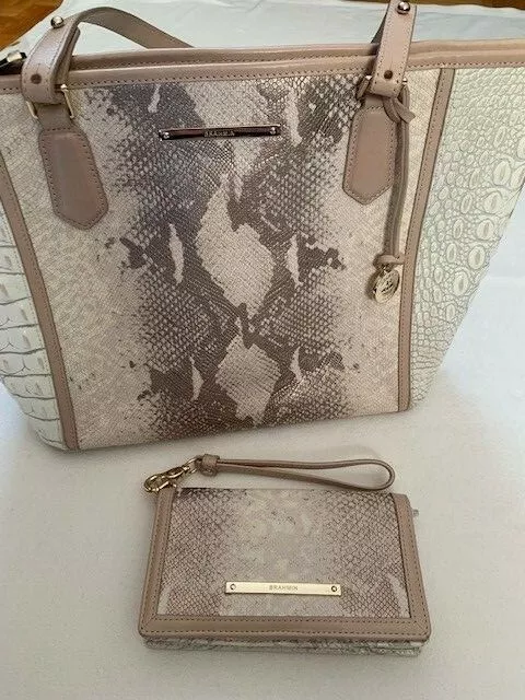 EUC Brahmin Croc embossed Snake Medium Asher Tan Gold Purse Bag Wallet Set