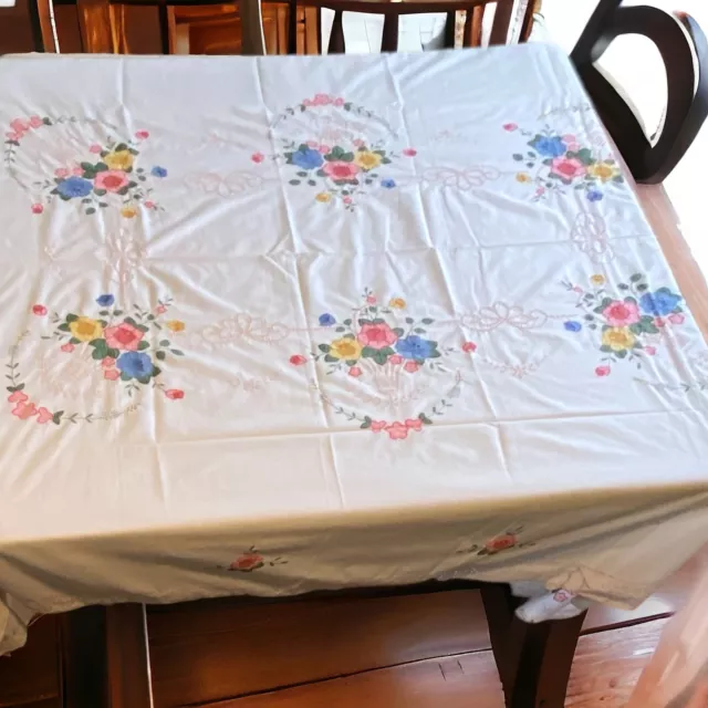 Vintage Embroidered Rectangle Tablecloth 68" x 73" w/ 8 Napkins Floral Eyelet