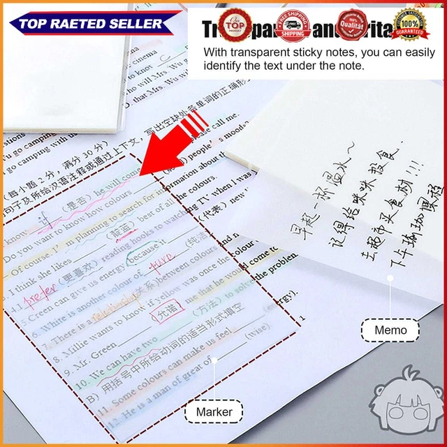 Sticky Notes - 50 Sheets Clear Self-Sticky Memo Pad for Books Message Reminder