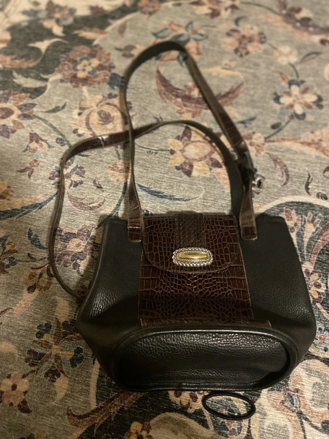 Vtg BRIGHTON USA Black Brown Croc Embossed Leather Flap Bucket Bag Purse