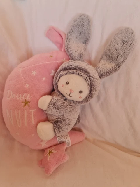 doudou peluche lapin gris/rose musical DOUCE NUIT  MOTS D'ENFANTS état neuf