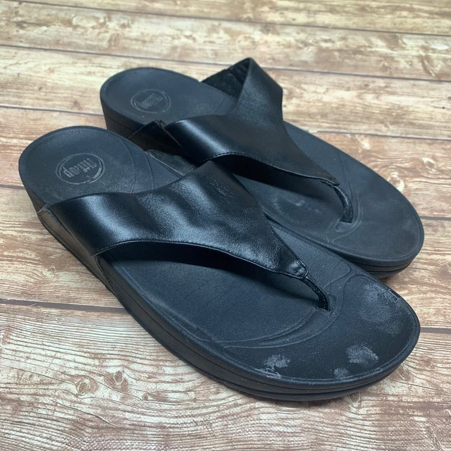 FitFlop Lulu Leather Black Wedge Thong Flip Flop Sandals Womens 10 42  288-001