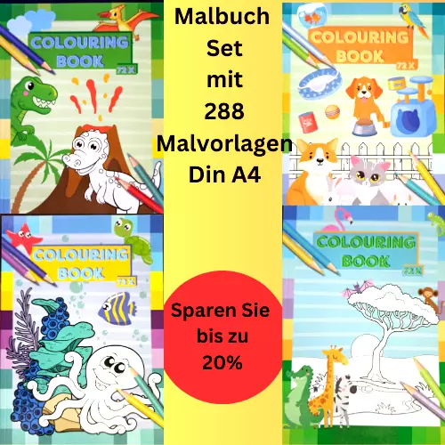 XXL Malbuch Set Tiere für Kinder Din A4 mit 288 Malvorlagen für Mädchen & Jungs