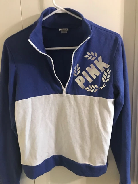 Victoria Secret PINK Sweatshirt Half Zip Pullover XS Blue White bling silver