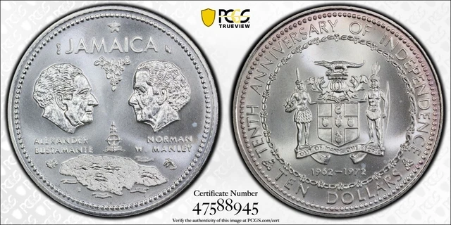 1972 $10 Jamaica (Silver) 10Th Anniversary Independence Pcgs Ms67 #47588945