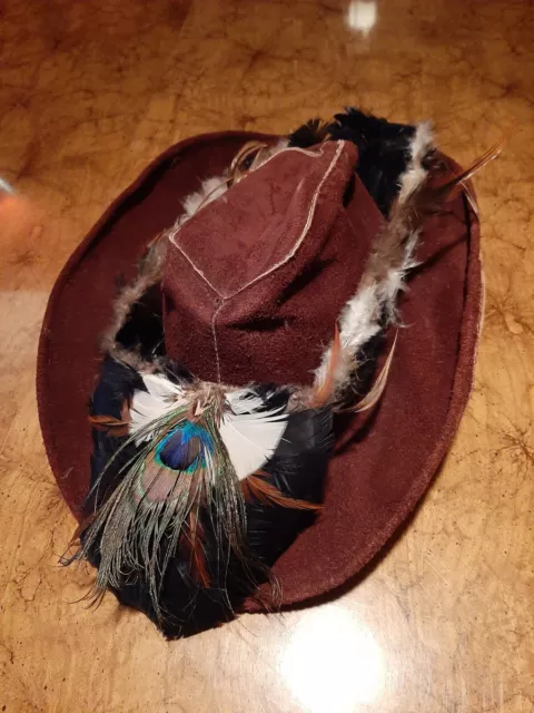 Vintage 1960s 1970s Suede Leather & feather Boho Hippie Western Festival Hat