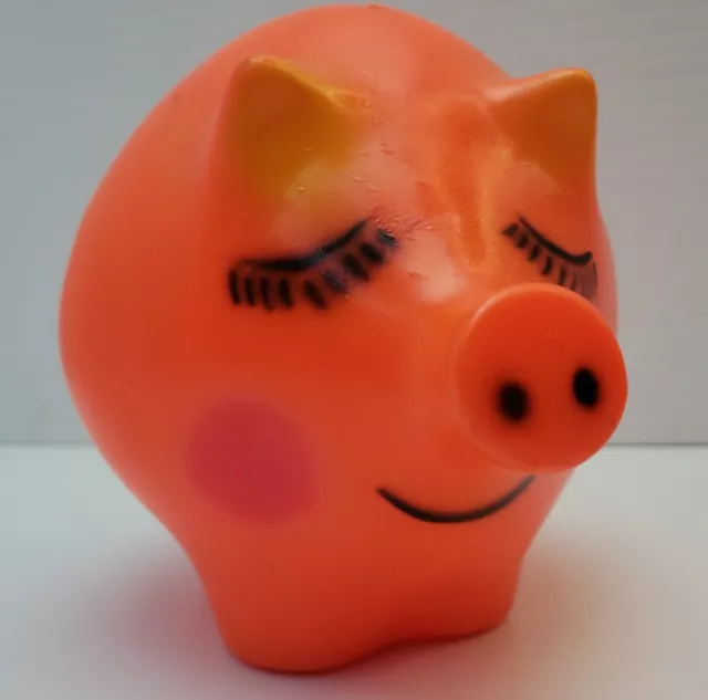 Vintage Plastic Piggy Bank Mid Mod Dreamland Creations 6.5" Sleepy Eyes Orange