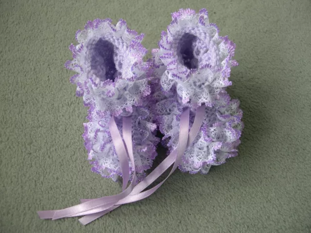 New Hand Knitted Lilac Lacy Baby Bootees to fit 0-3 months”