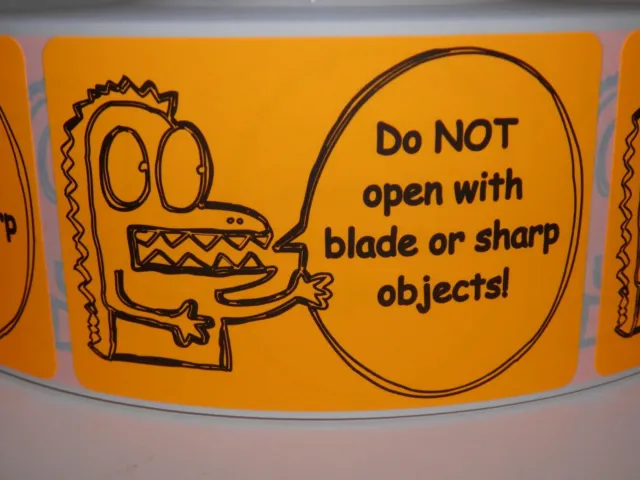 DO NOT OPEN WITH BLADE OR SHARP OBJECTS 2x3 Sticker Label fluor orange 250/rl