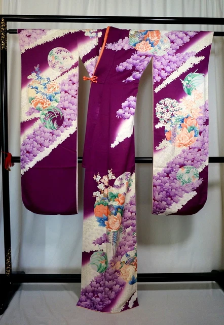 Japanese kimono SILK"FURISODE" long sleeves,Silver leaf,Peonies,Plum,L5' 5".3455