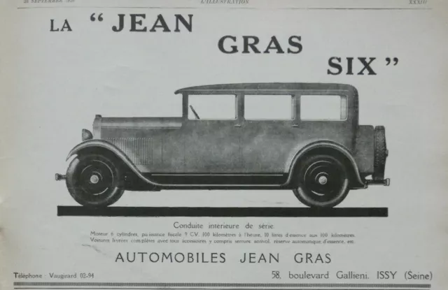 Publicité De Presse 1926 Automobiles Jean Gras Six Conduite Intérieure De Série