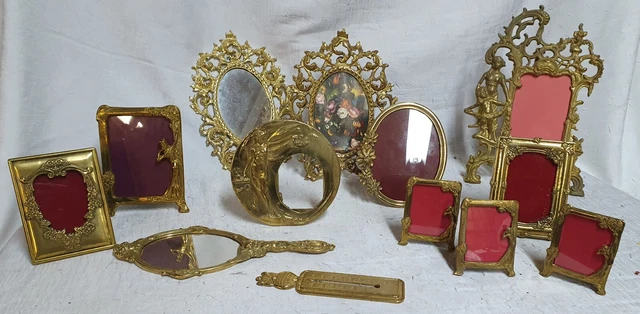 Rare lot de cadres photos,face à main,miroir et baromètre, bronze massif Ancien