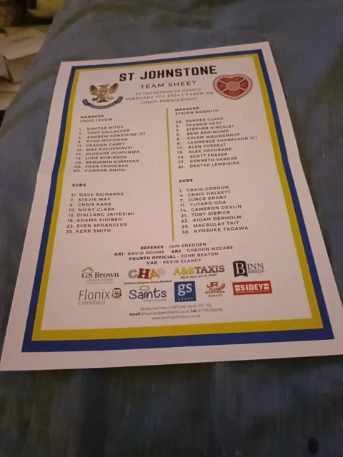 St Johnstone v Heart of Midlothian  SPL .Wed 7th Feb 2024.Colour Team Sheet.