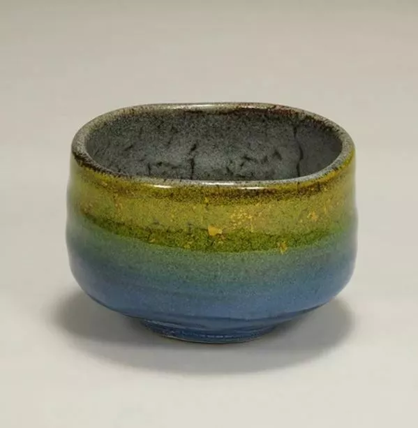 KUTANI YAKI WARE Japanese Matcha Bowl Tea Cup Chawan Blue Glaze Kinsai Japan