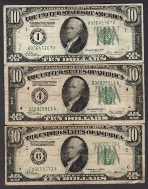 Lot of 3 1928 $10 Ten Dollar Bills "Gold on Demand" Green Seal S498