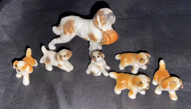 Vintage Japan Miniature Bone China Saint Bernard Dog Family Lot Puppies