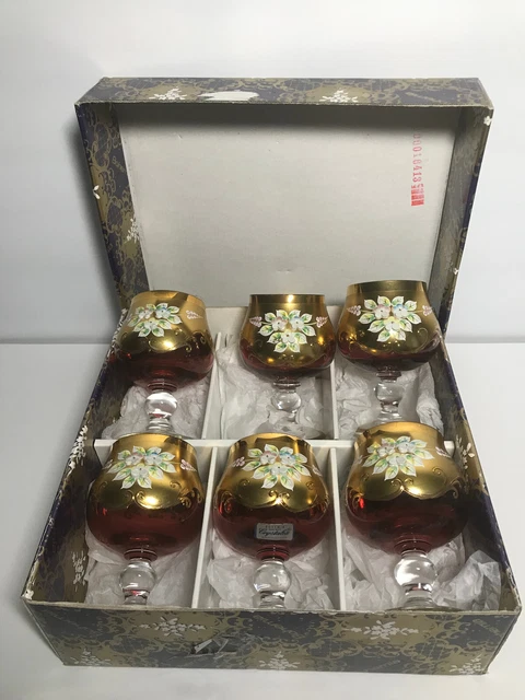 Vintage Czech Bohemian Heavy 24k Gold Gilt Handpainted Brandy SniftersWine Glass