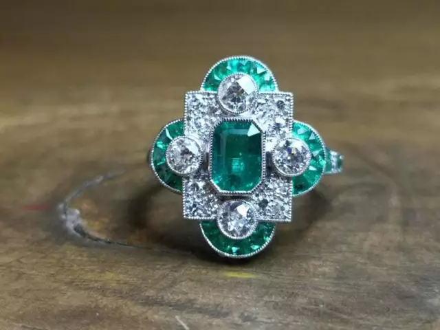 French Art Deco Style Vivid Green Emerald With Shiny White CZ 2.78TCW Fine Ring