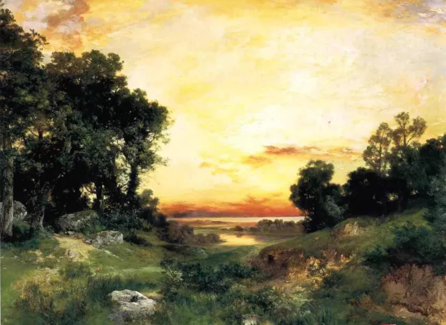 Large Oil painting Thomas Moran - Sunset, Long Island Sound nice landscape 36"