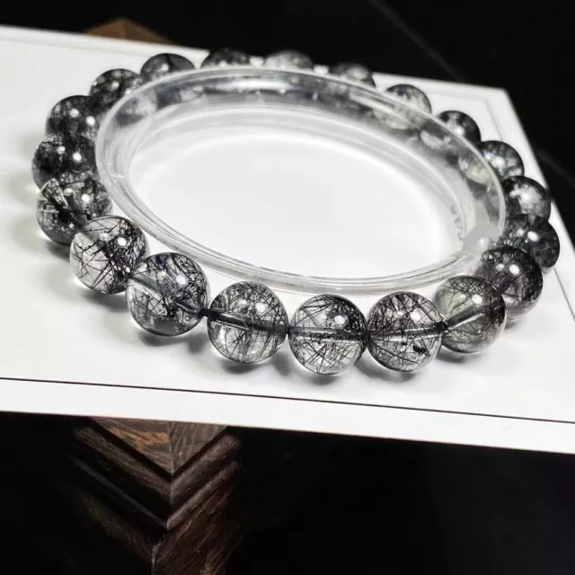 Natural Black Hair Rutilated Quartz Crystal   Round Bead Bracelet 11mm AAAAAA