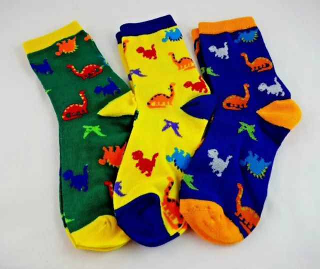 Dinosaur Socks 3 Pairs Children Size Large Sock Sizes 7 to 8.5 Green Blue Yellow