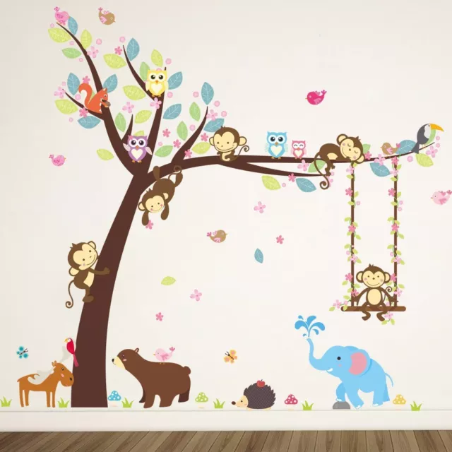 Jungle Animal Monkey Elephant Owl Tree Decal Wall Sticker Children's Bedroom