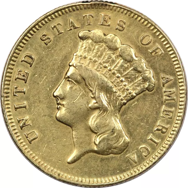 1878 Three Dollar Gold $3, About Uncirculated AU, Cleaned