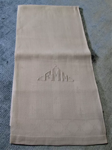 Antique Linen Shaving Towel F M M Monogram Fleur de Lis Satin Stripe Hemstitched