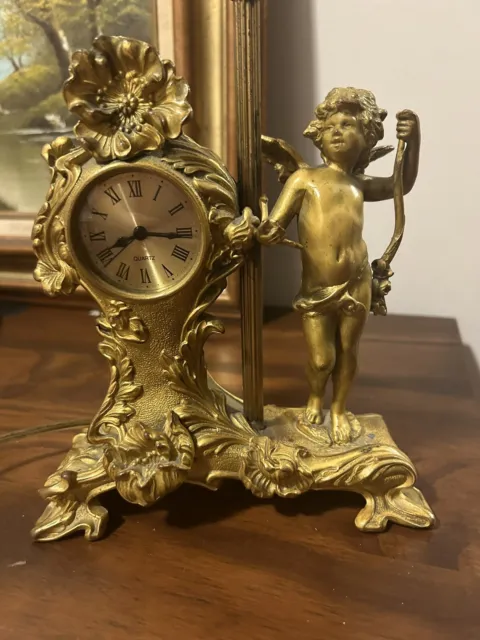 Antique Waterbury Clock Co Gold Brass Cherub Clock/Lamp