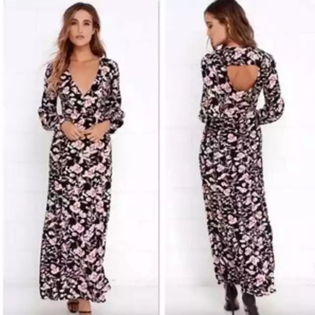 Mink Pink Crafty Critters Black Pink floral Maxi Dress Women’s Size S